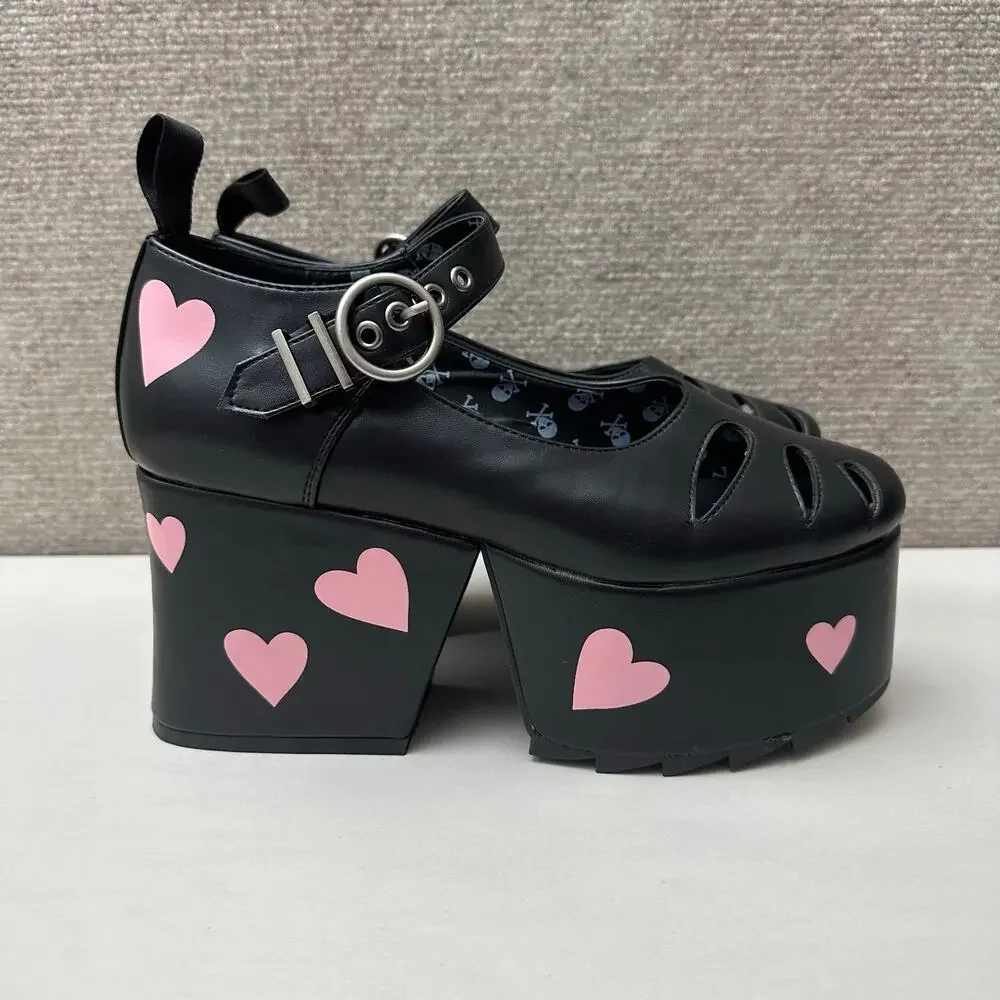Dolls Kill LAMODA Hung Up Black Chunky Platform Heels Pink Heart 9 Lolita Goth